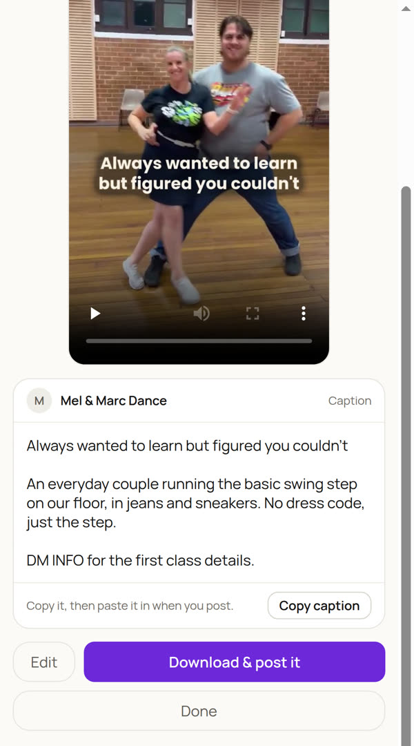 A finished reel's page in StudentFlow on a phone: the reel paused on a couple with the words “Always wanted to learn but figured you couldn't” on screen, its caption below, and the Copy caption and Download & post it buttons.